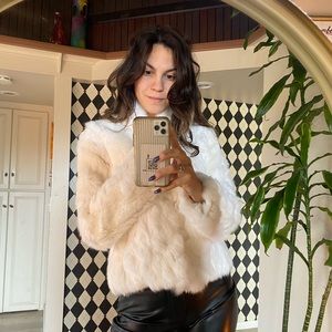 Wilsons Leather Small Maxima Jacket Womens White Rabbit Fur Pockets Coat